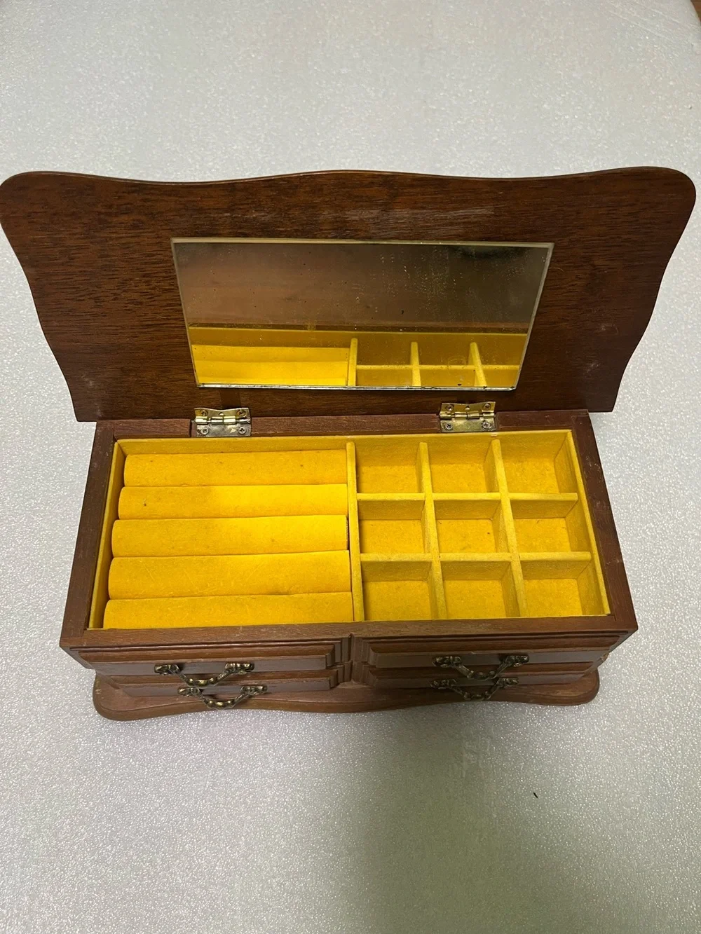 Vintage Centurion® Walnut Wood Jewelry Box, Lid W/Mirror, Padded Sections